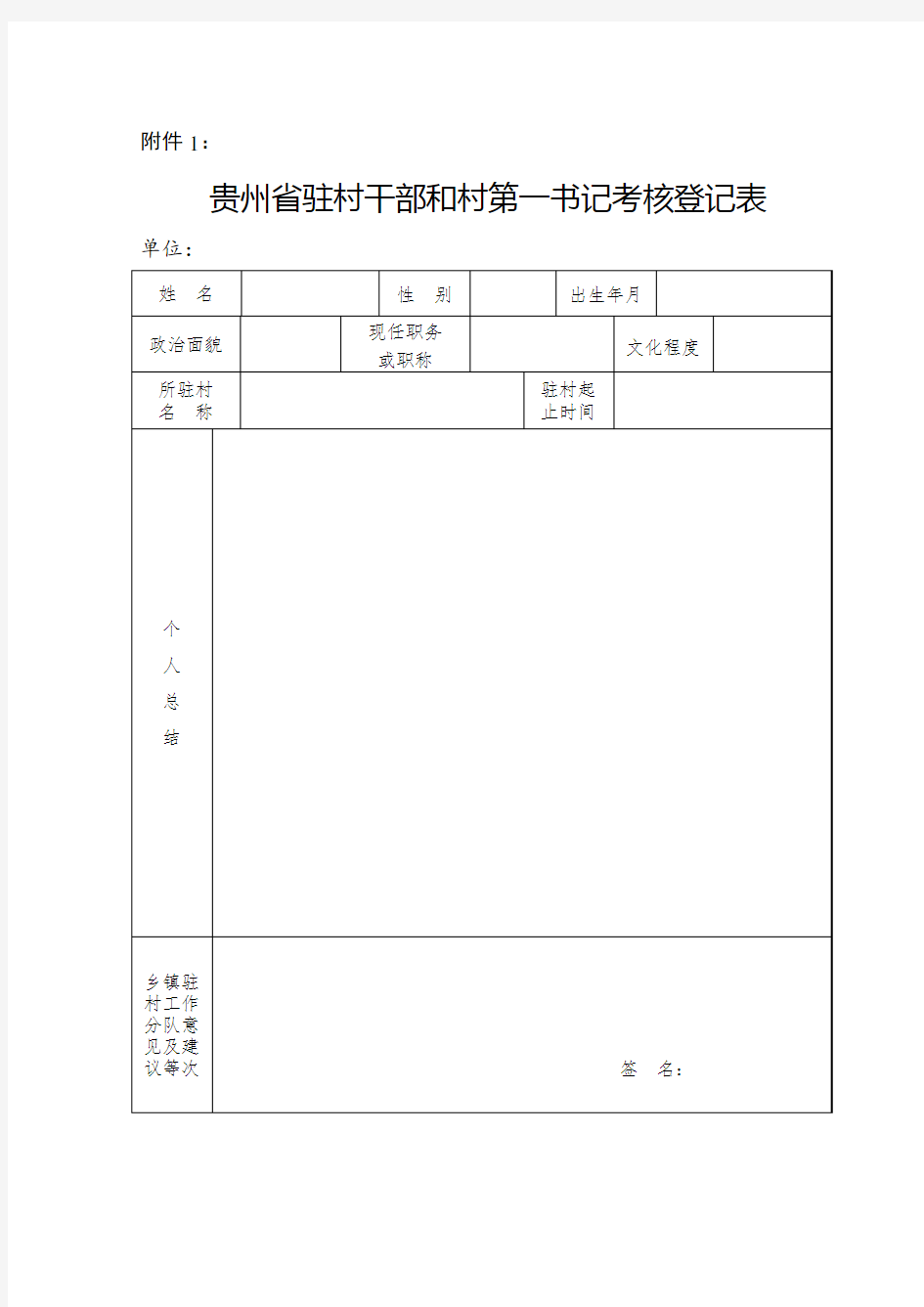 贵州省驻村干部和村第一书记考核登记表