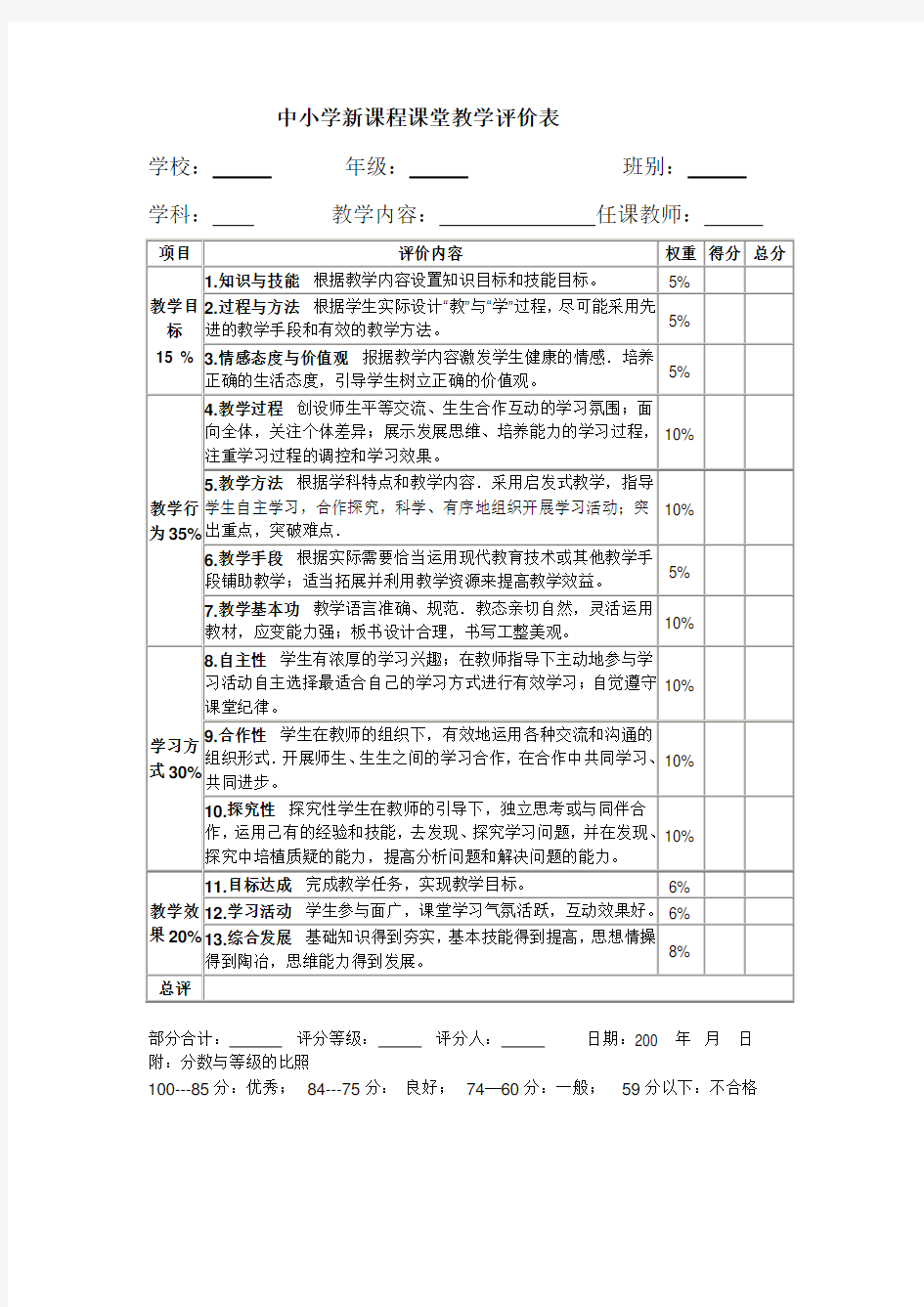 中小学新课程课堂教学评价表