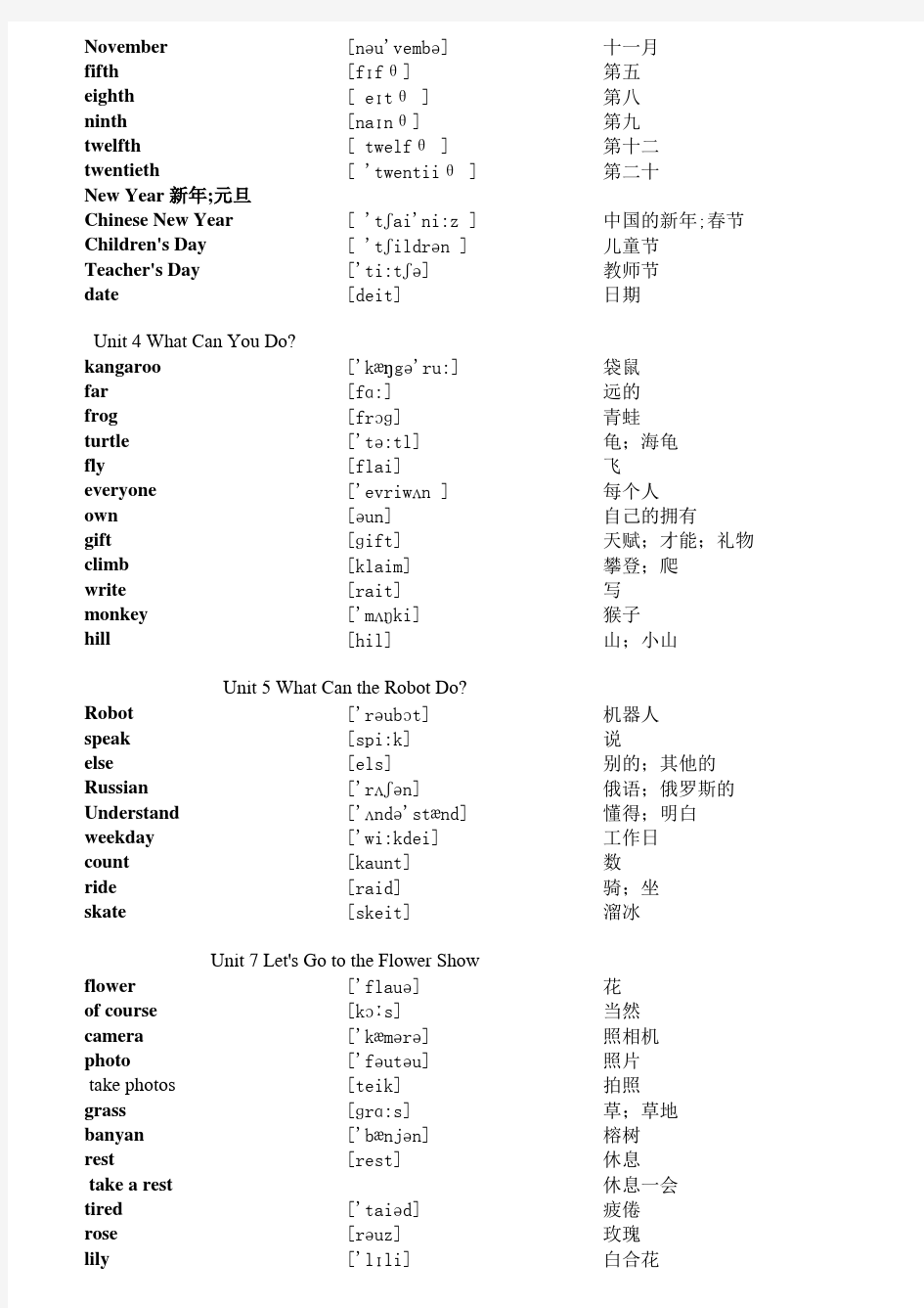 广州版小学英语五年级上册带音标单词表