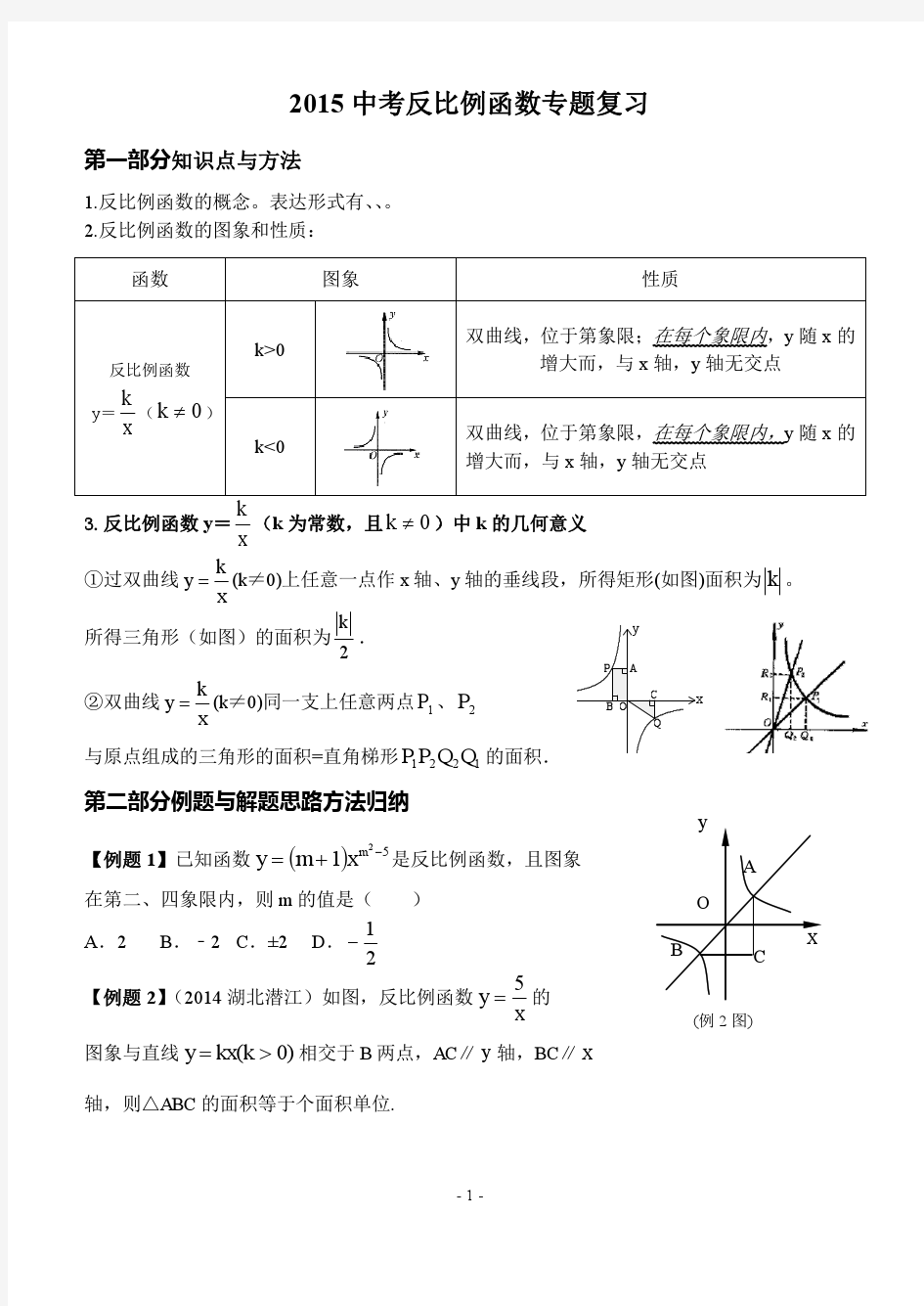 2015中考数学反比例函数专题复习