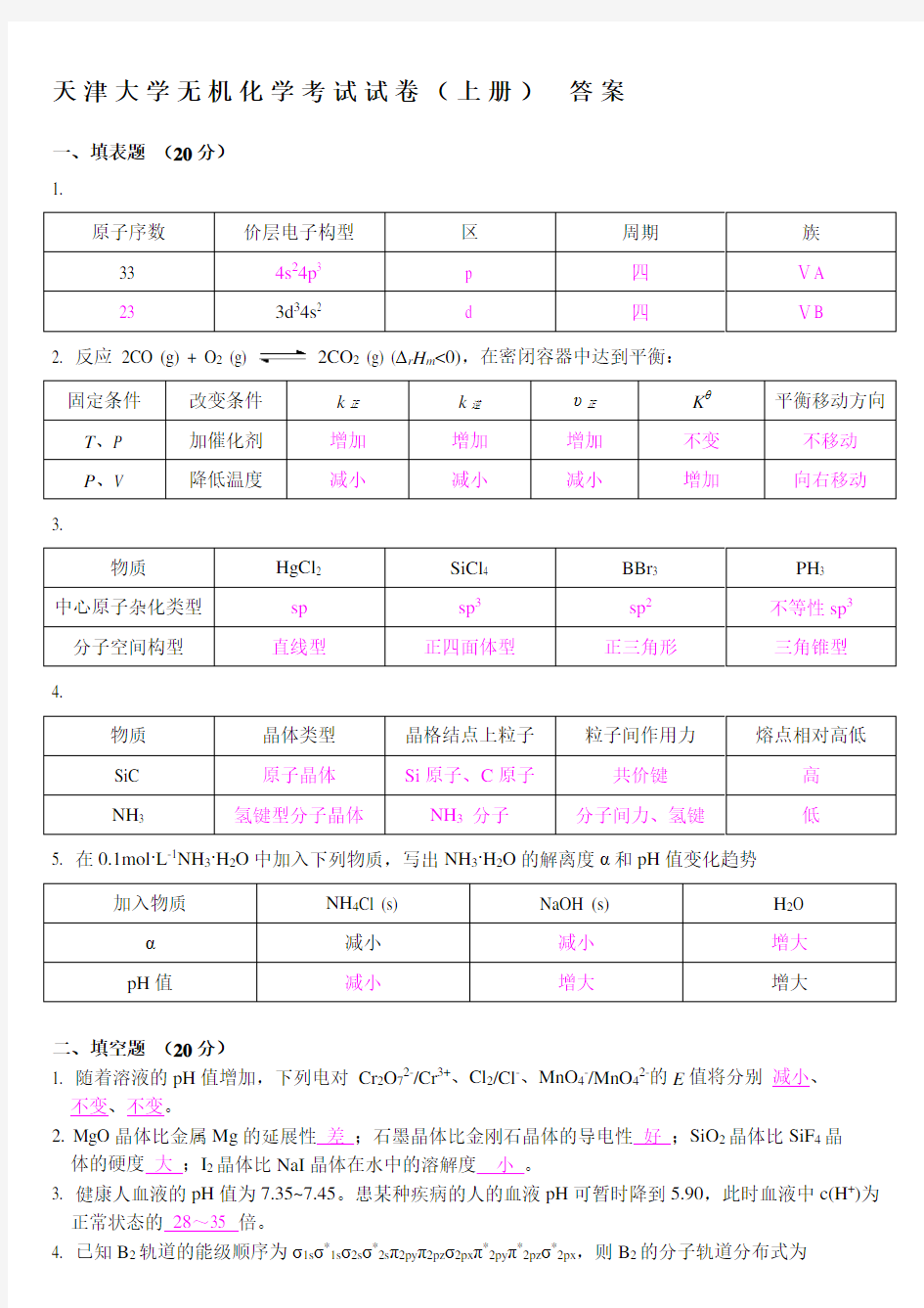 天津大学无机化学考试试卷(上册) 答案