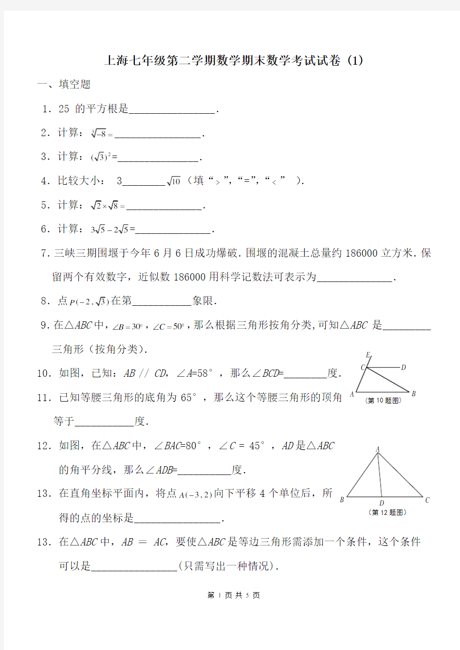 上海七年级第二学期数学期末数学考试试卷 (1)