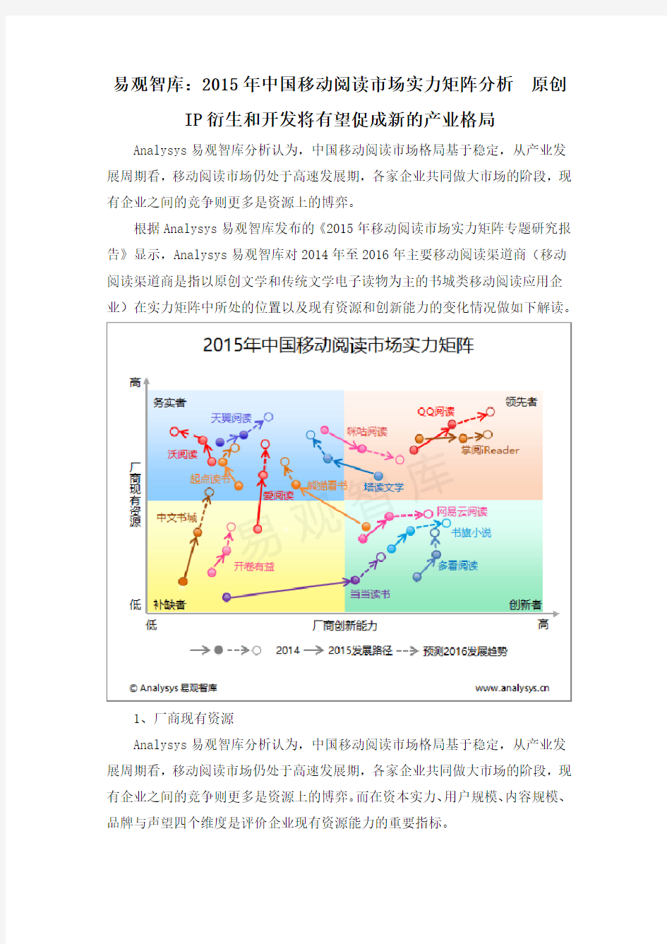 易观智库：2015年中国移动阅读市场实力矩阵分析  原创IP衍生和开发将有望促成新的产业格局