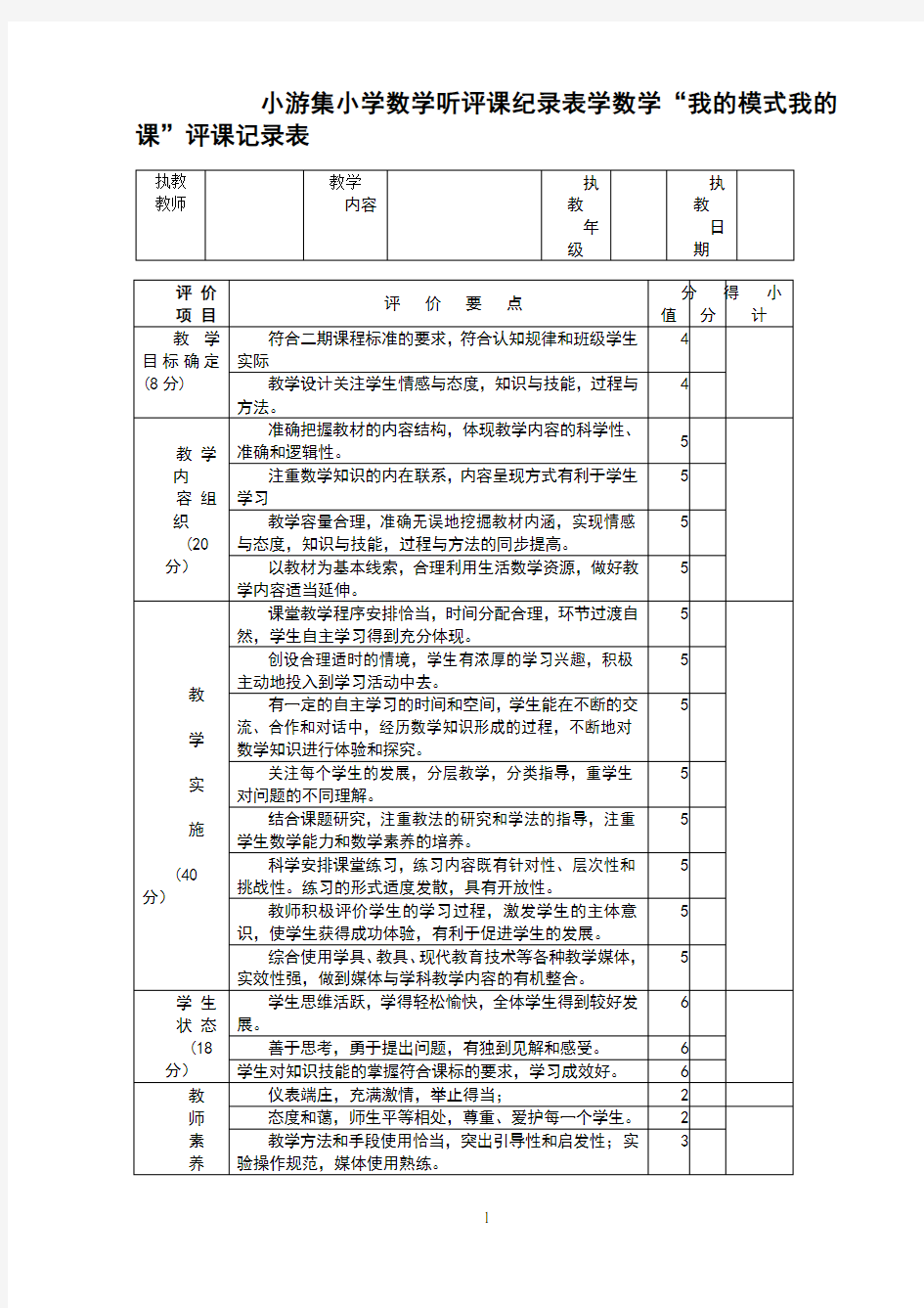 小学数学评课记录表