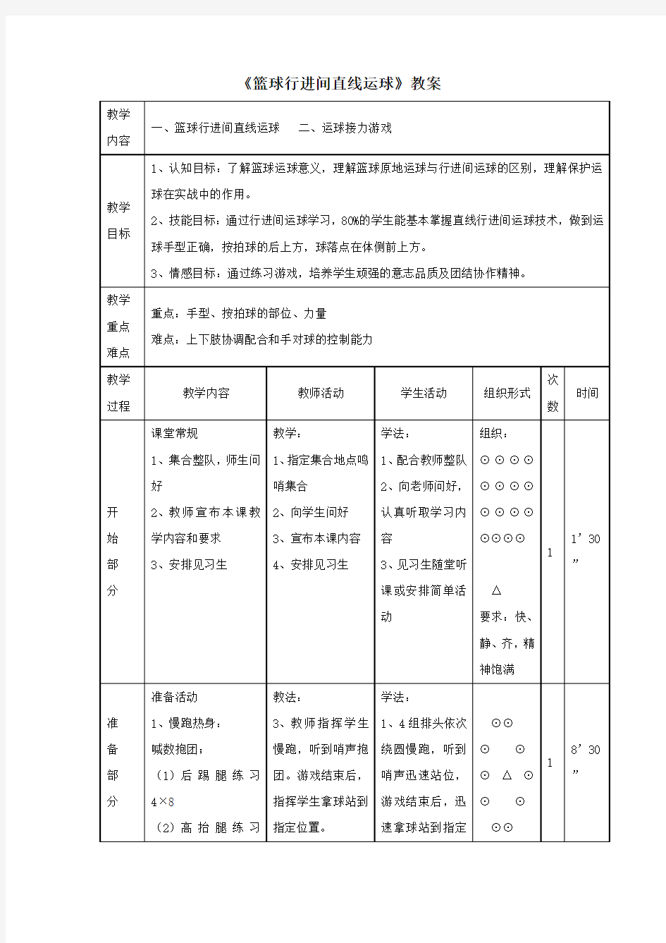 人教版八年级体育《篮球行进间直线运球》教案