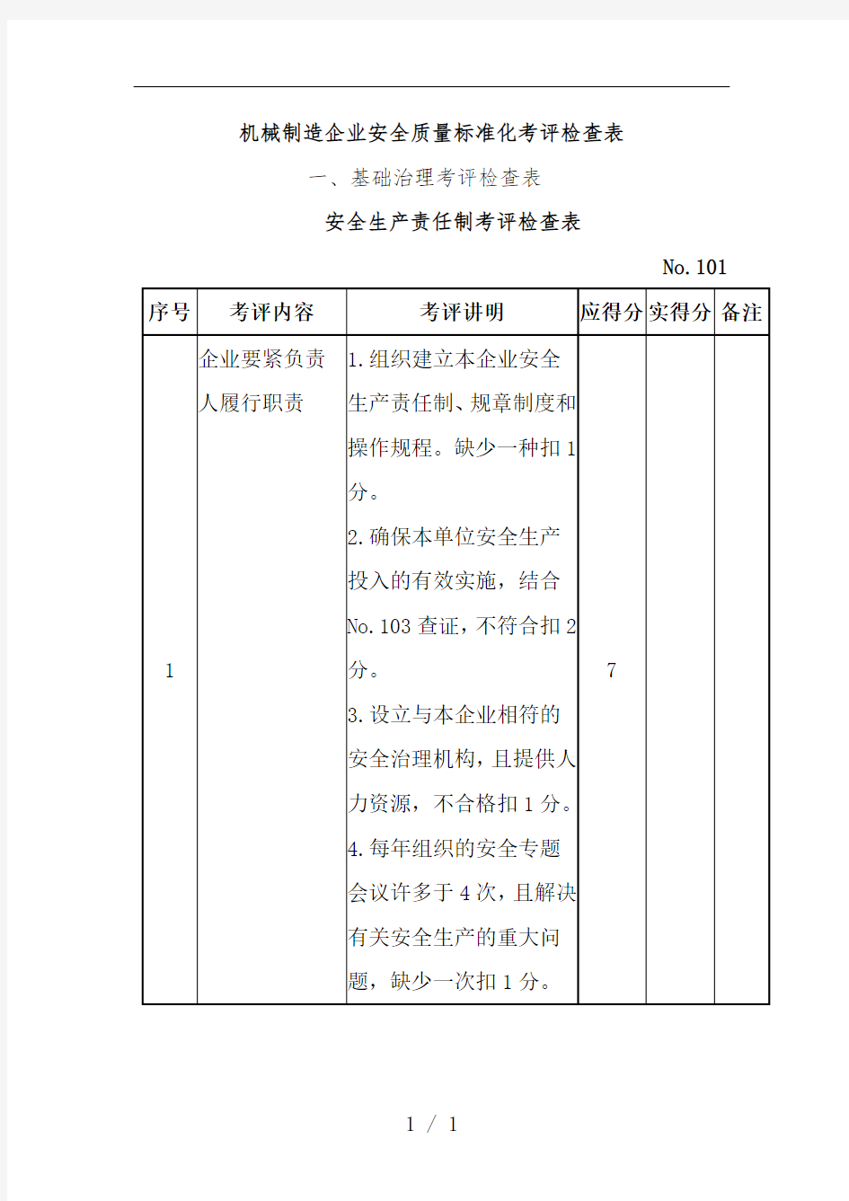 机械制造企业安全质量标准化考评检查表