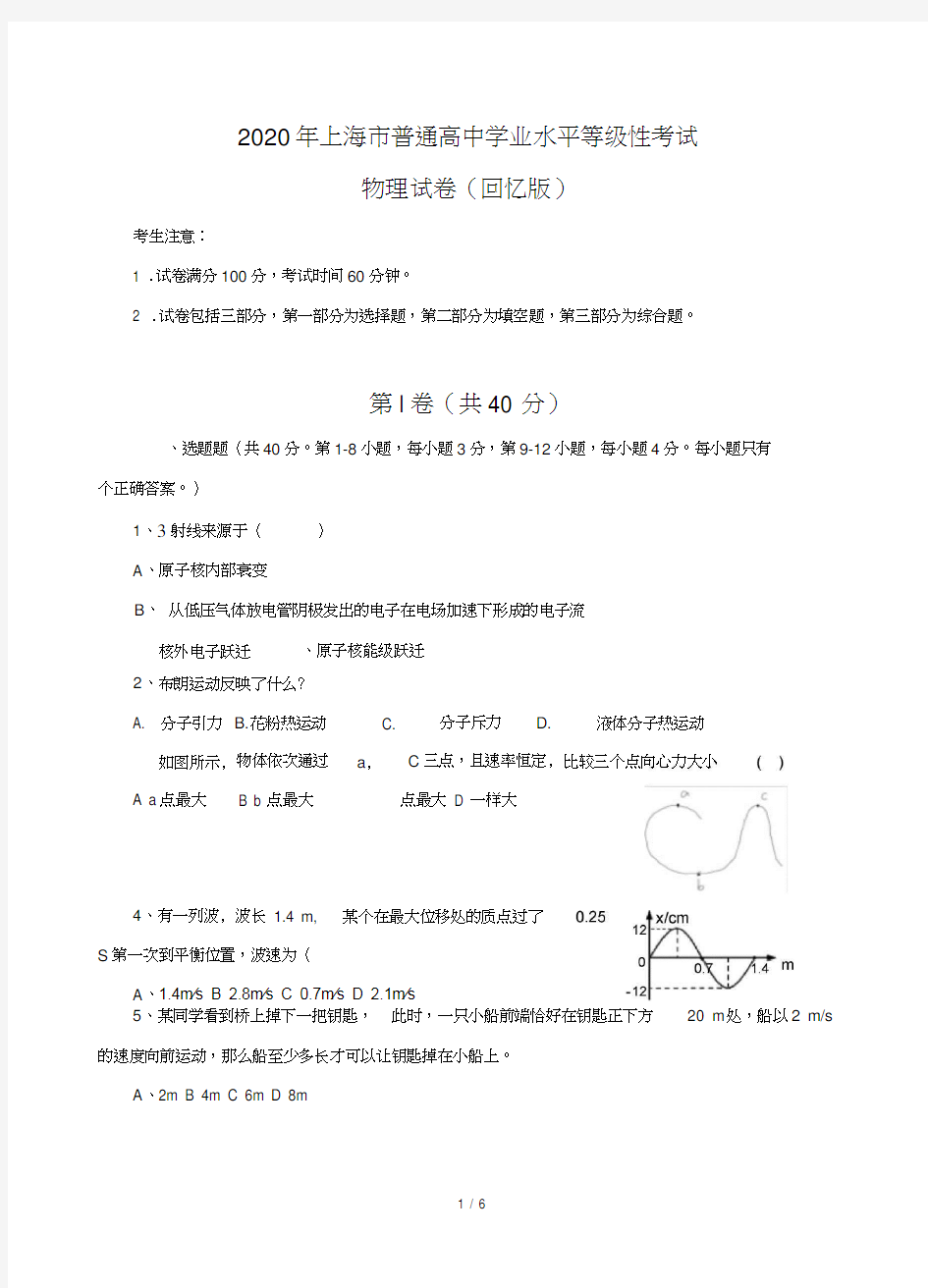 2020年上海市物理高考试题(回忆版).docx
