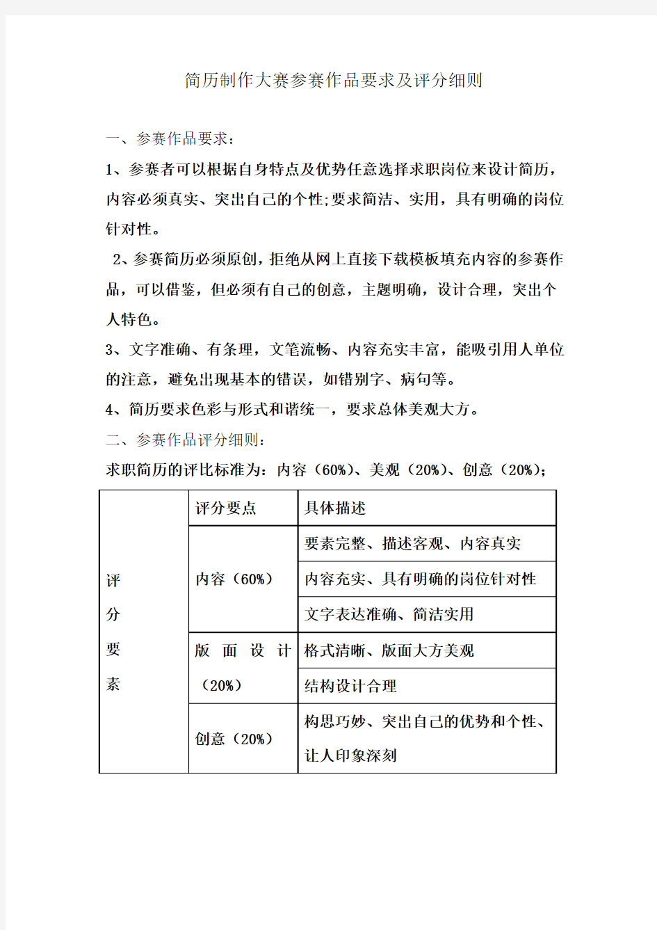 简历制作大赛参赛作品要求及评分细则