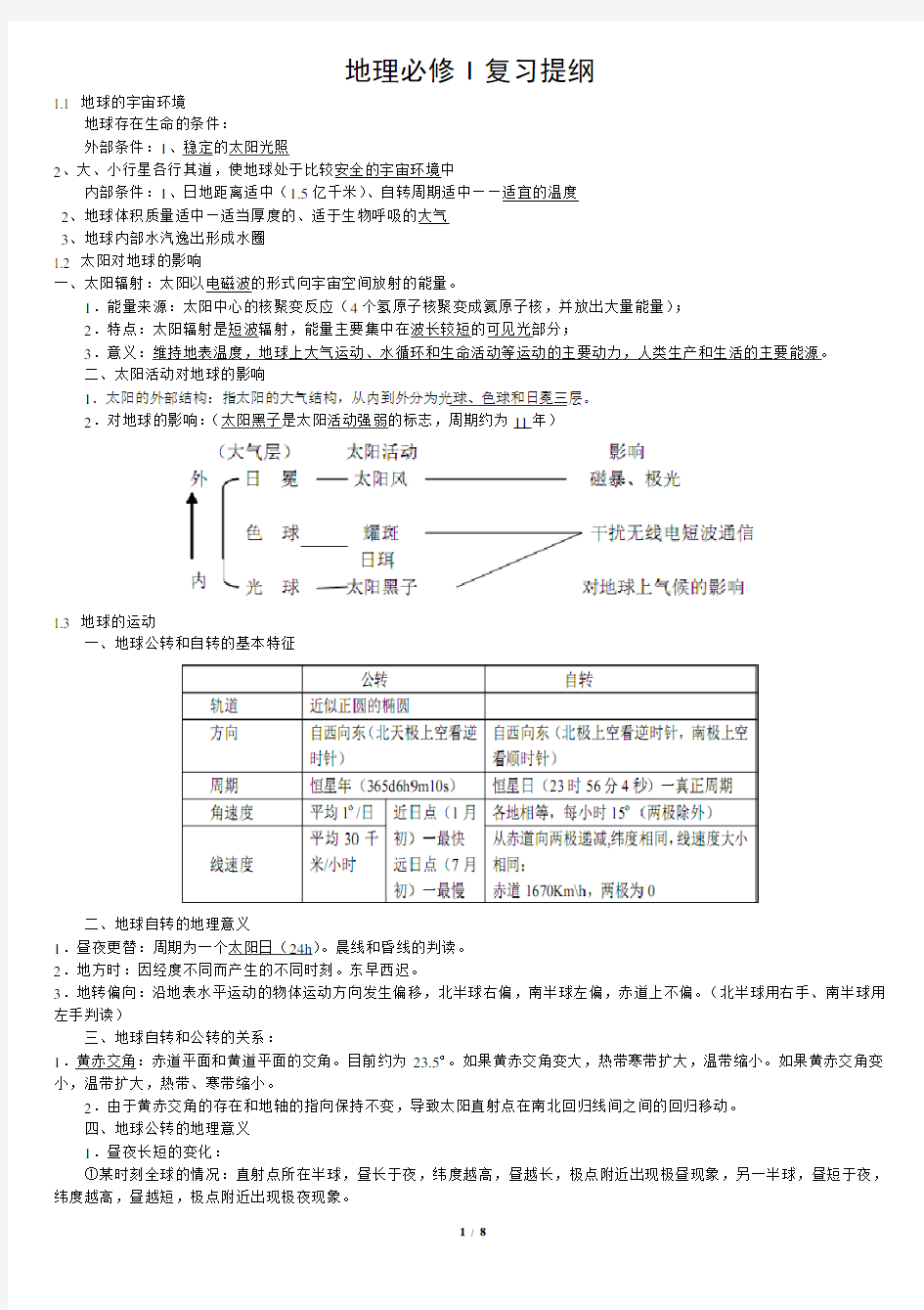 湘教版高中地理必修一知识点汇总