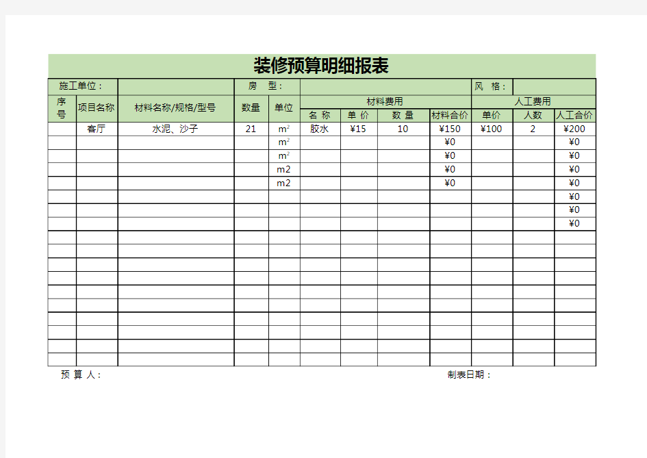 装修预算明细Excel报表