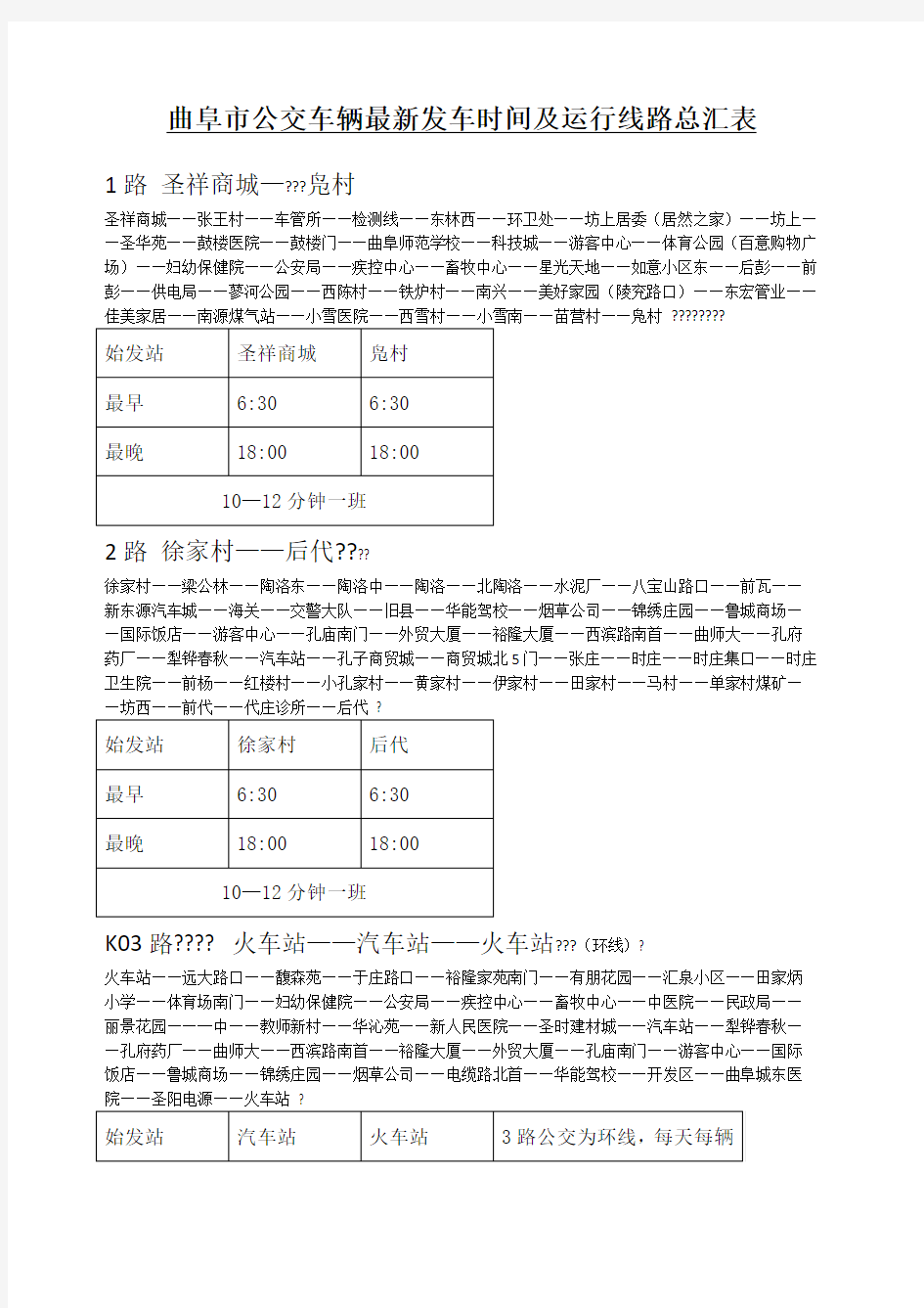 曲阜市公交车辆最新线路及发车时间汇总表