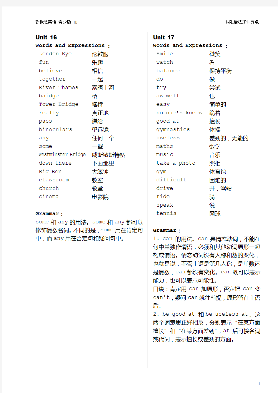 (完整版)新概念英语青少版1B-词汇语法知识要点