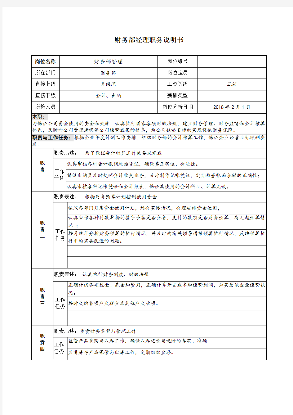 财务部经理职务说明书