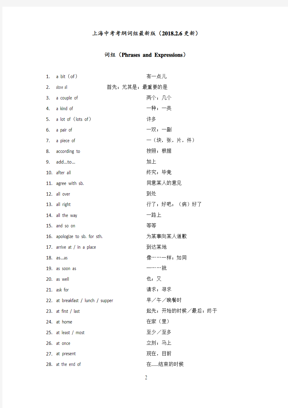 2017上海中考考纲词组版