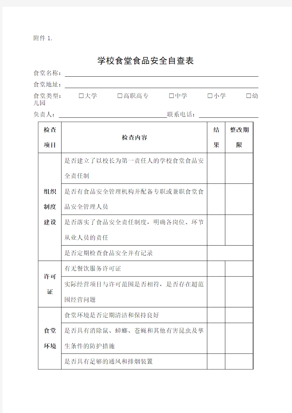 学校食堂食品安全专项整治自查表