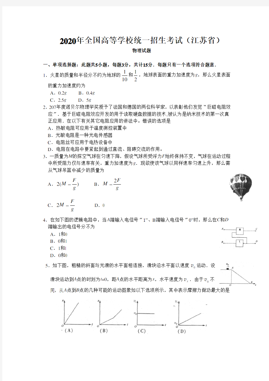 2020年全国高等学校统一招生考试(江苏省)