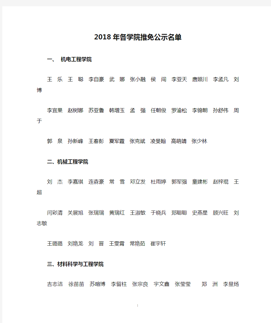 中北大学2018年各学院推免公示名单