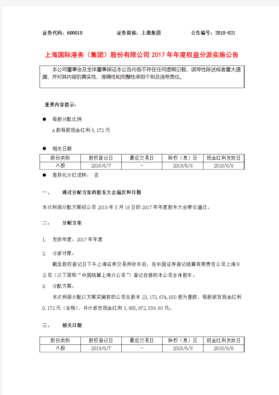 上港集团：2017年年度权益分派实施公告