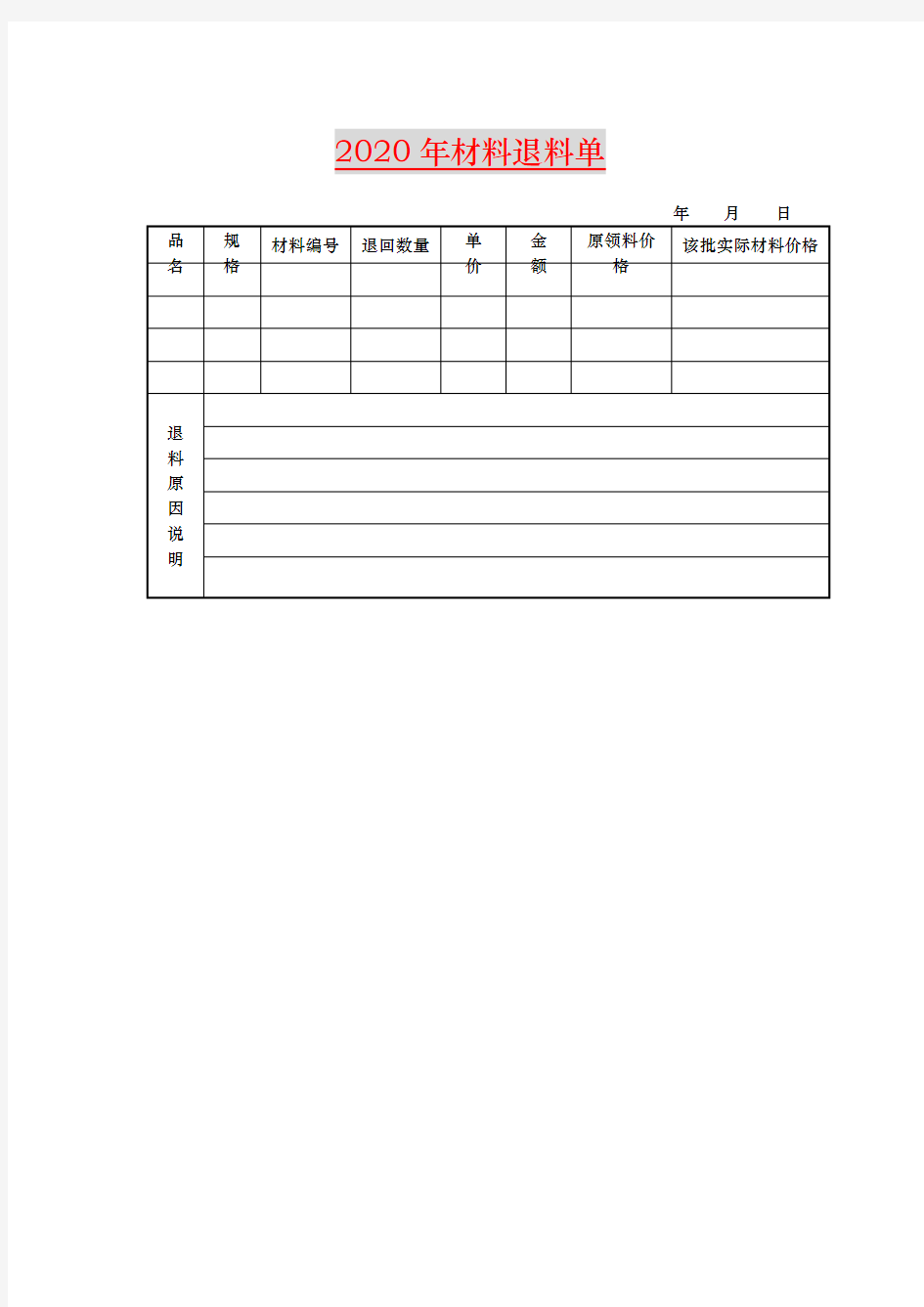 【实用】2020年材料退料单