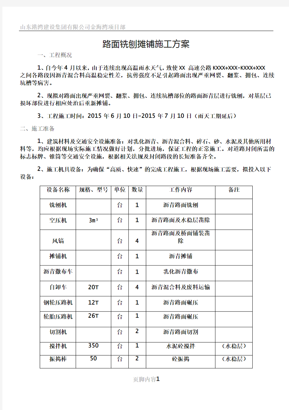 2015年路面铣刨、摊铺施工组织设计