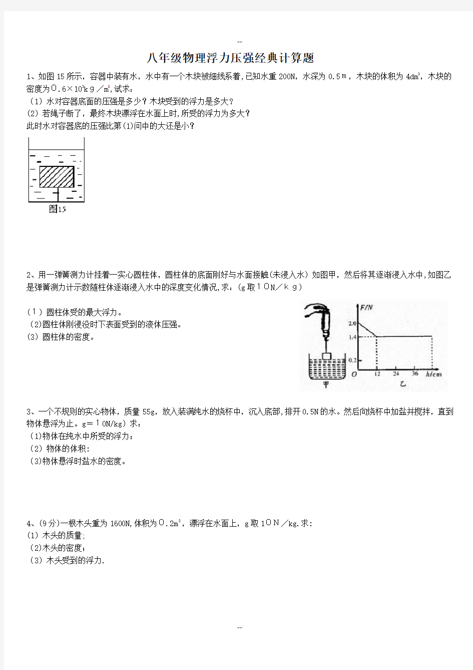 八年级物理浮力压强专题经典计算题(含答案解析)