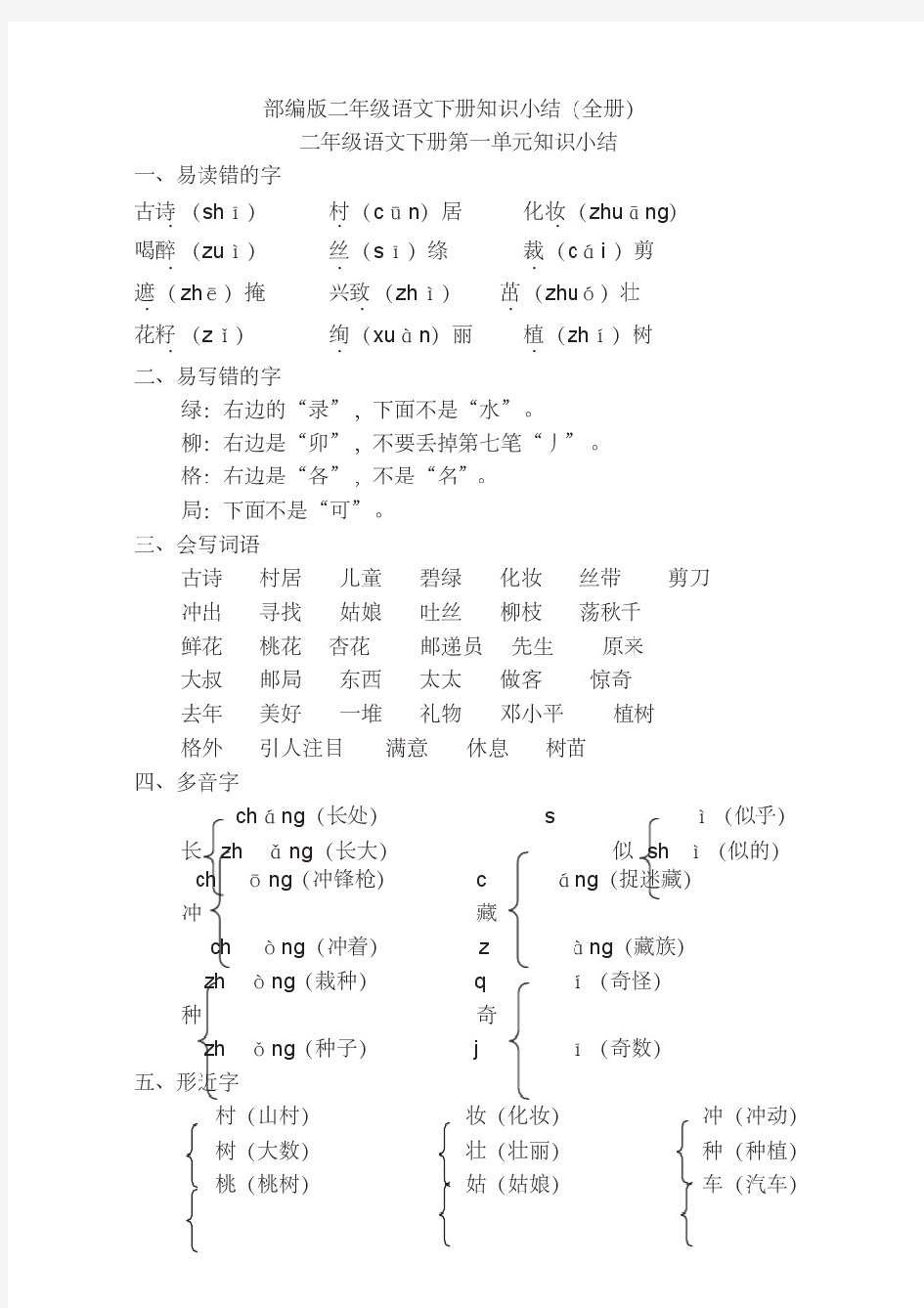 部编版二年级语文下册知识点总结(全册)