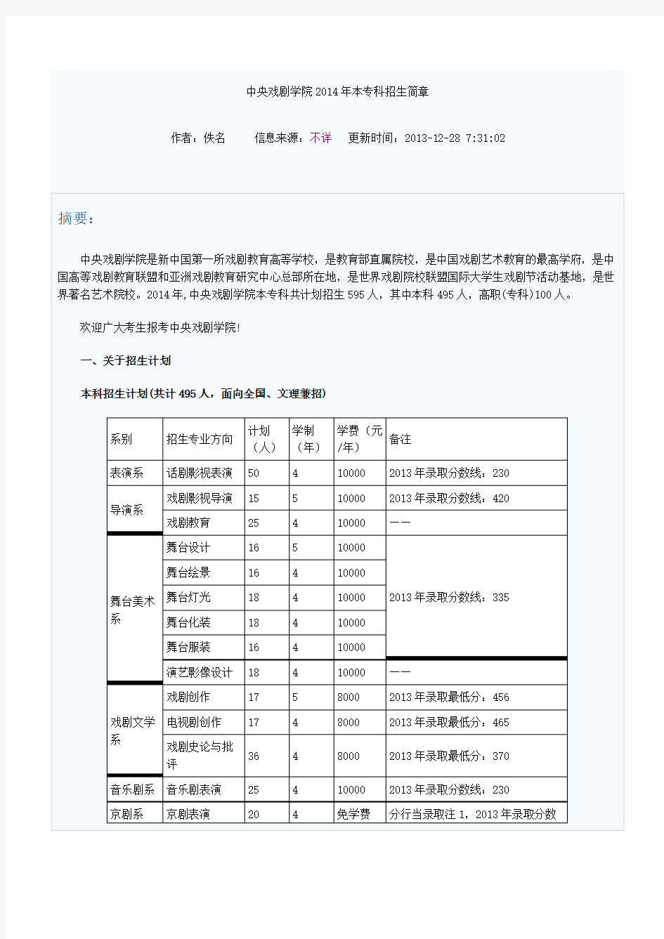 中央戏剧学院2014年本专科招生简章