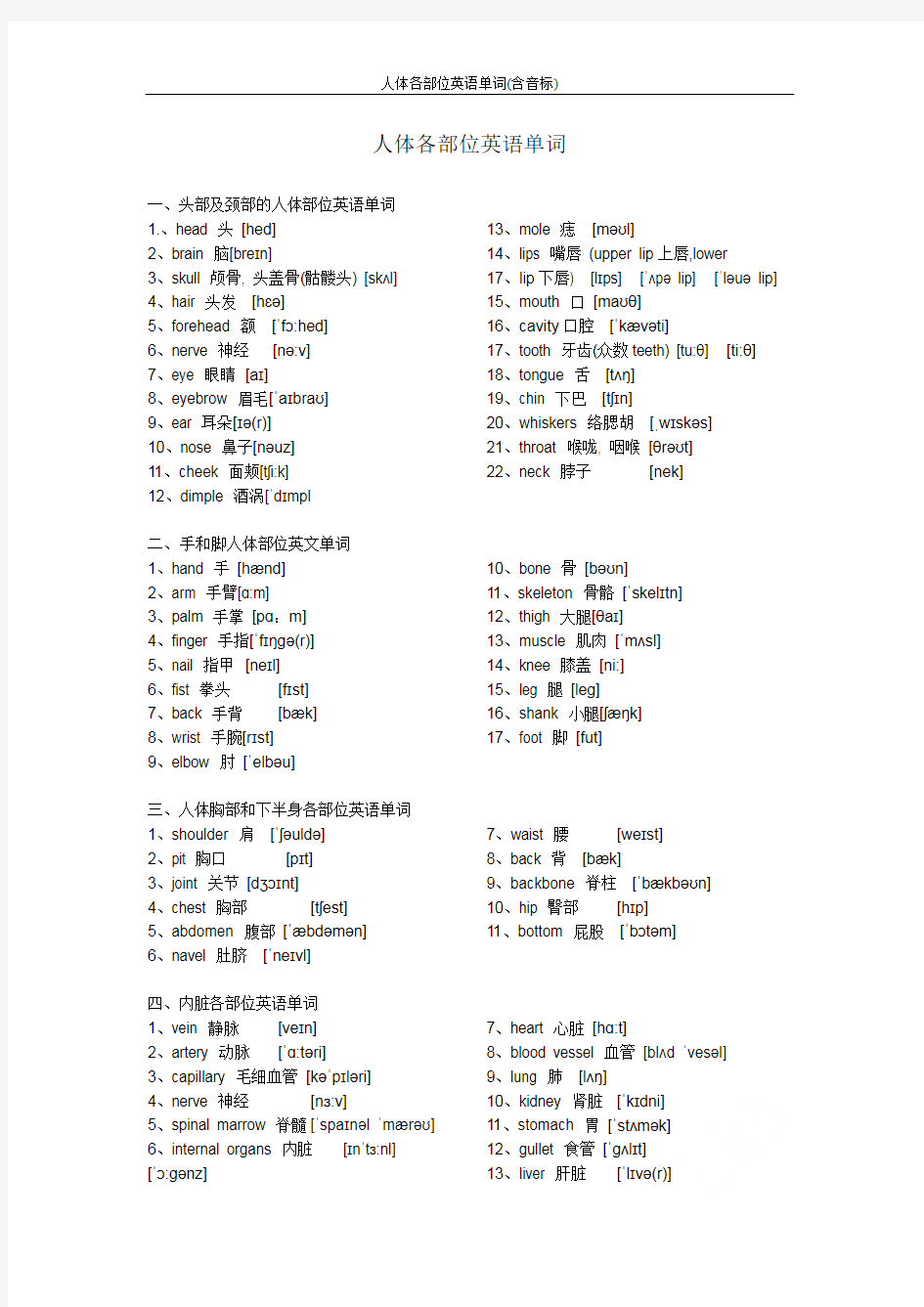 人体各部位英语单词(含音标)