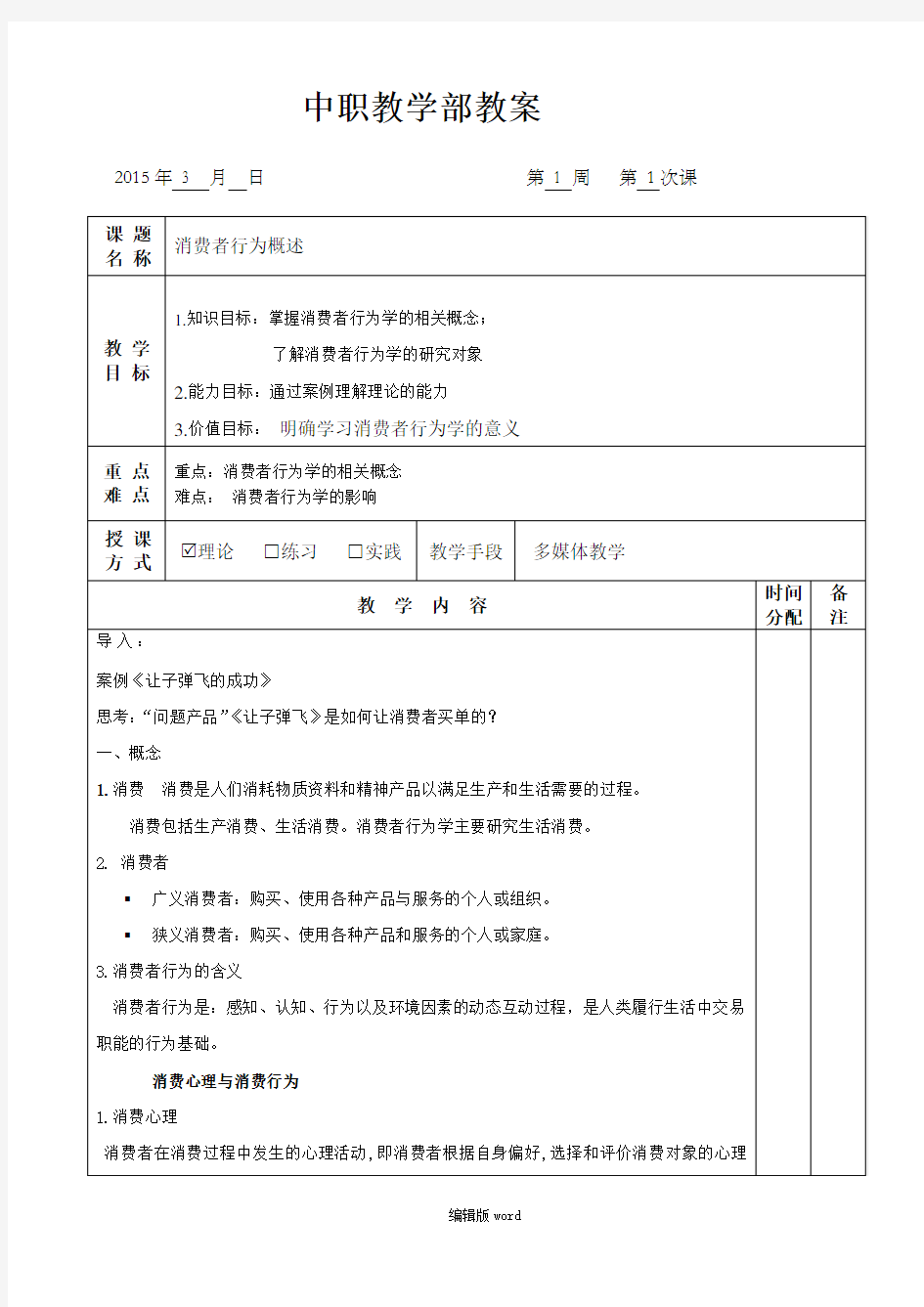 消费者行为分析与实务概述教案