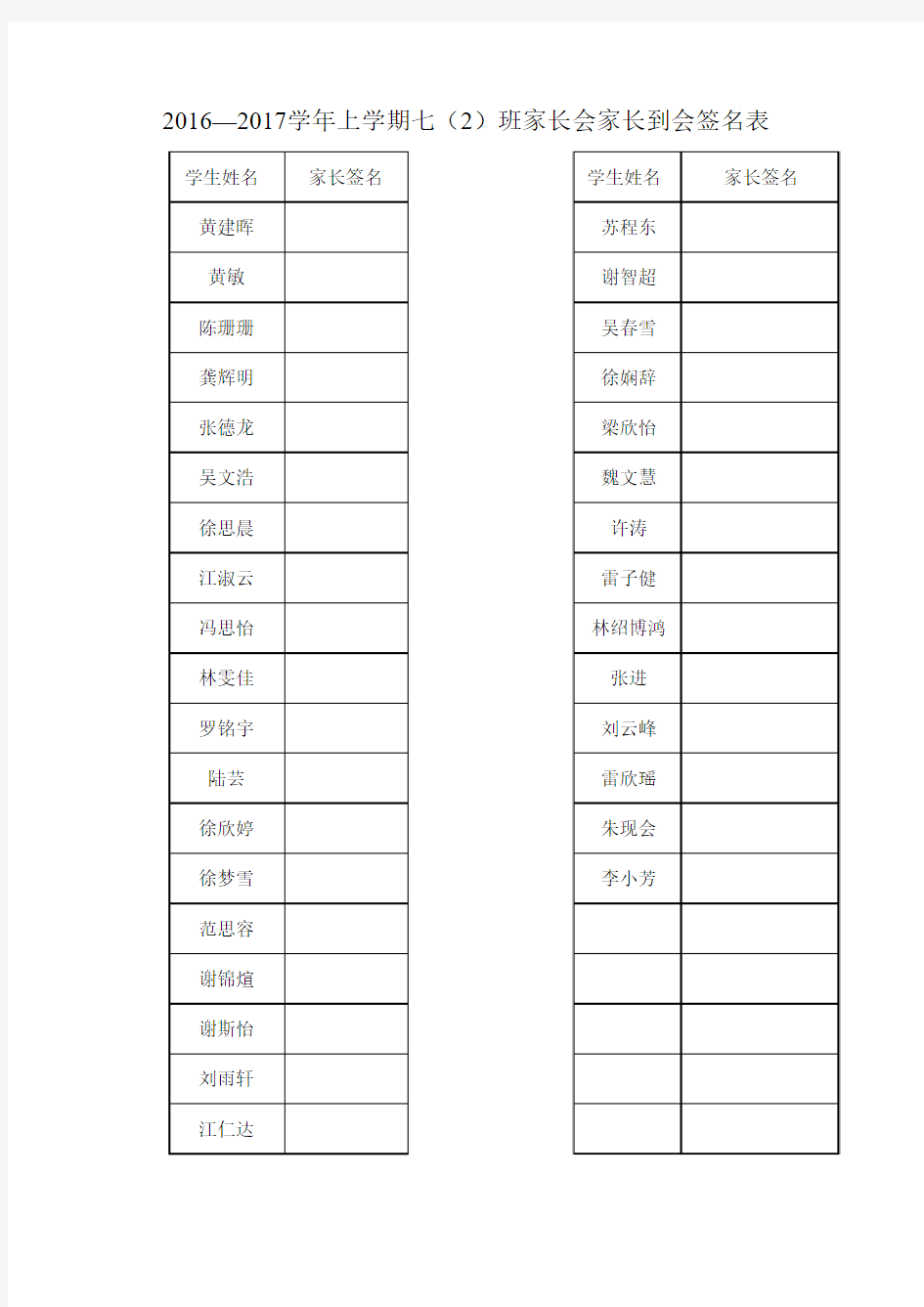 家长到会签名表