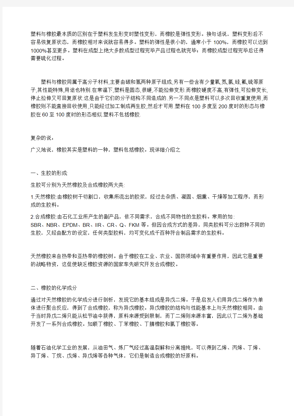 塑料与橡胶最本质的区别在于塑料产生形变时塑性变形而橡胶是弹性