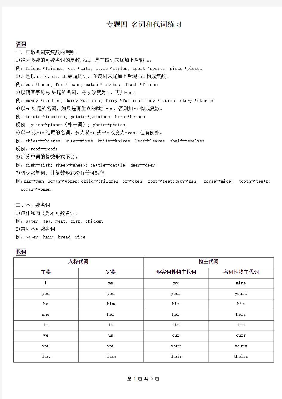 专题四 名词和代词练习