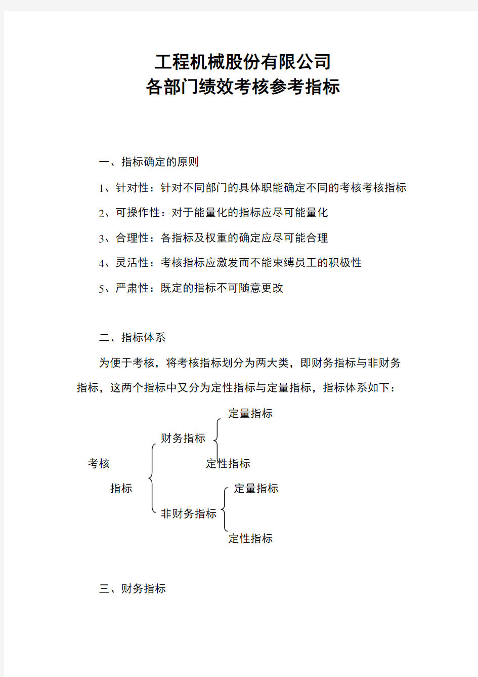 工程机械股份有限公司各部门绩效考核参考指标