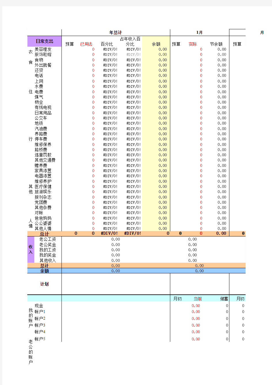 个人日常生活开支记账表