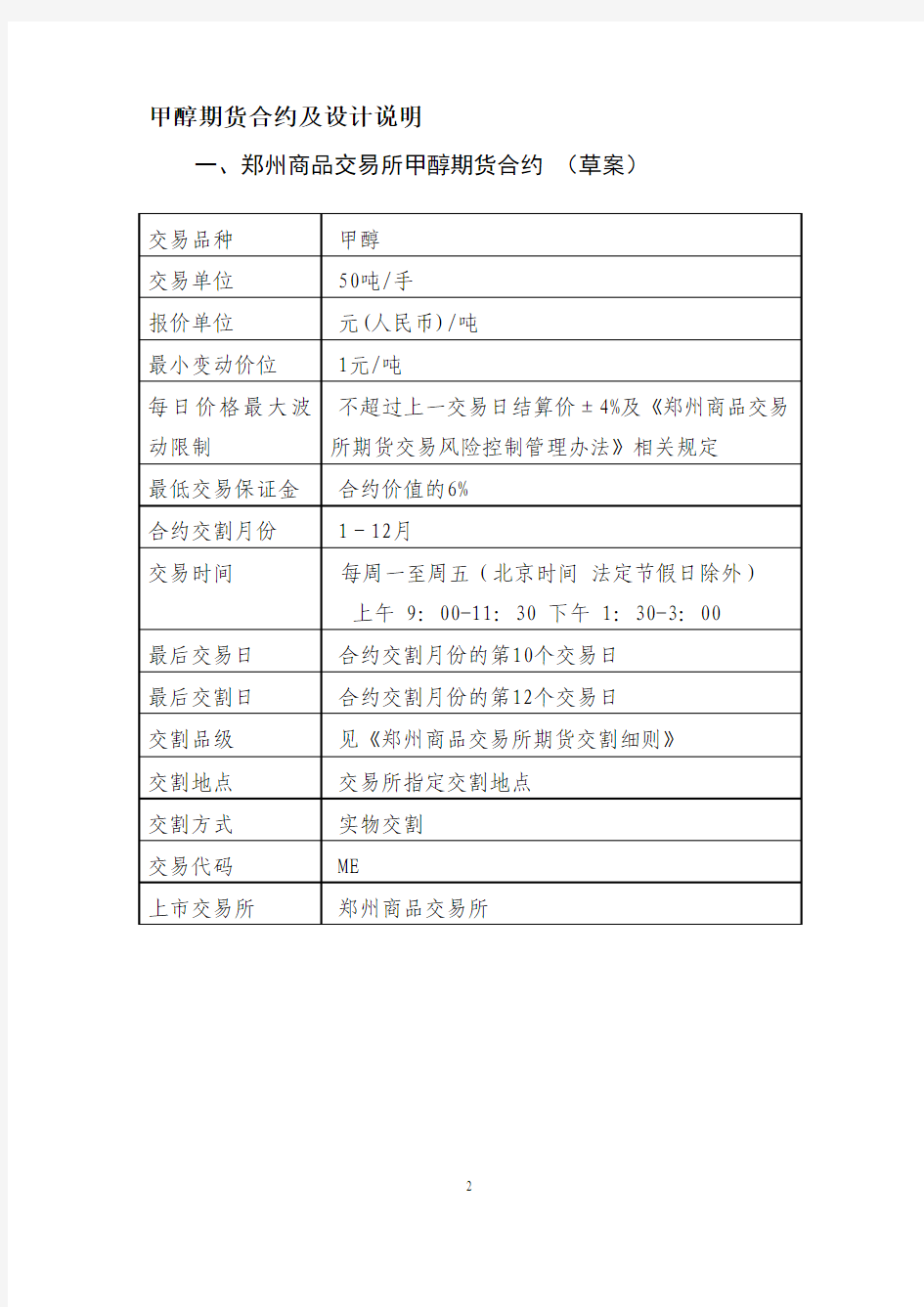 甲醇期货合约、细则及设计说明-广州瑞达期货