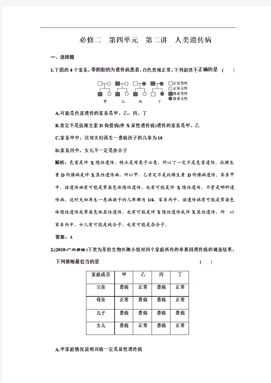 2011年高考生物一轮复习课时训练：人类遗传病