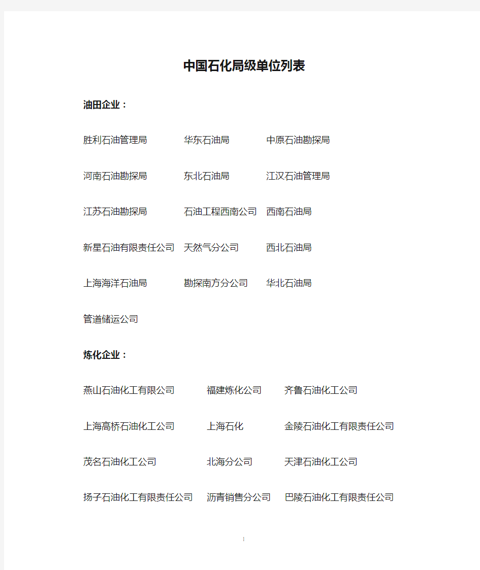 中国石化局级单位列表