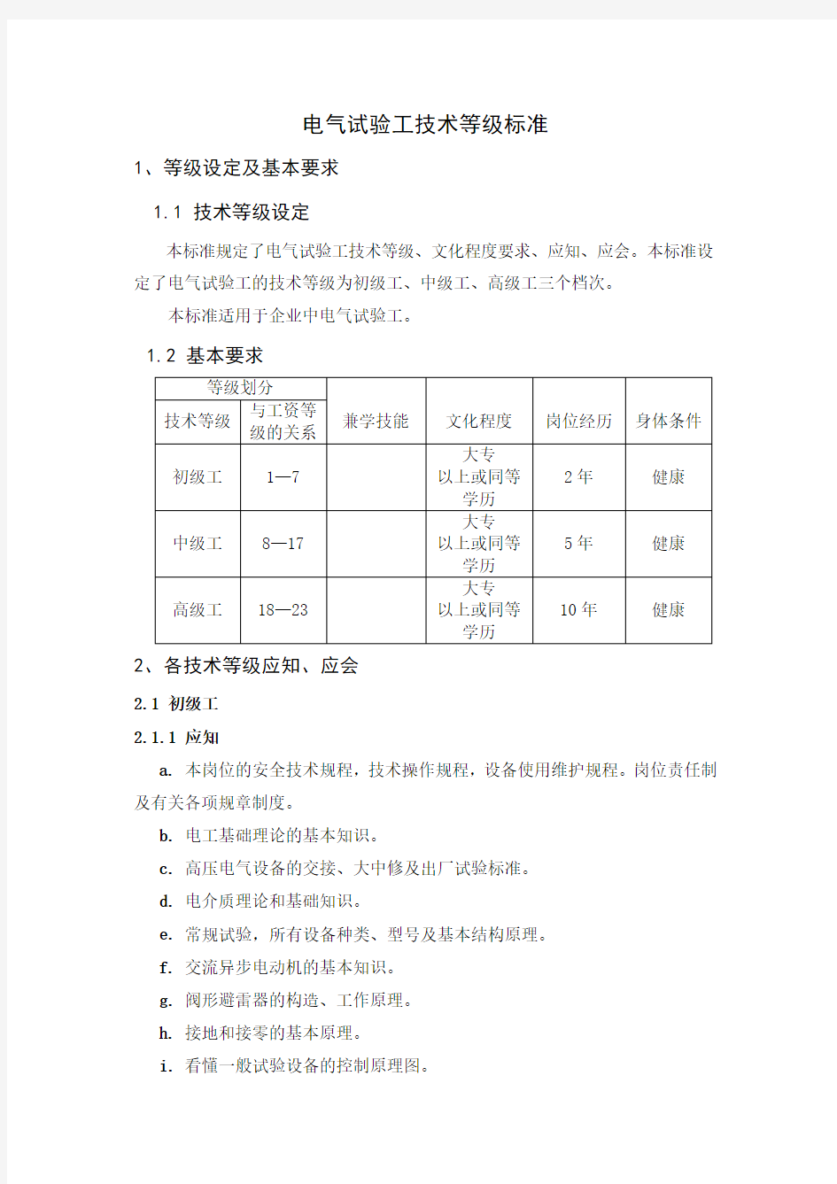 电气试验工技术等级标准