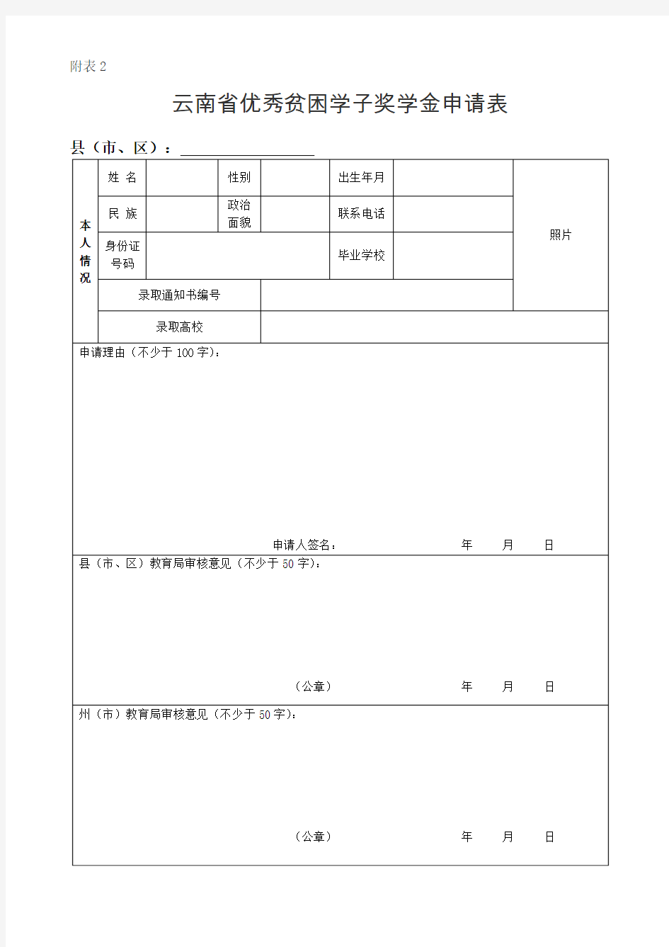 云南省优秀贫困学子奖学金申请表