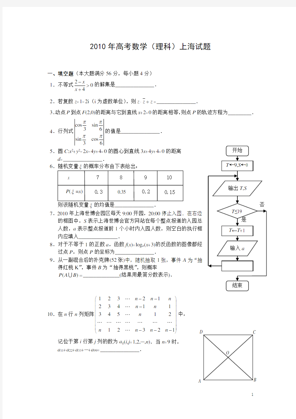 2010年上海高考数学试题及答案(理科)