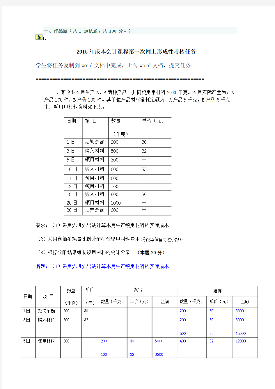 2015年 成本会计课程第一次网上形成性考核任务答案