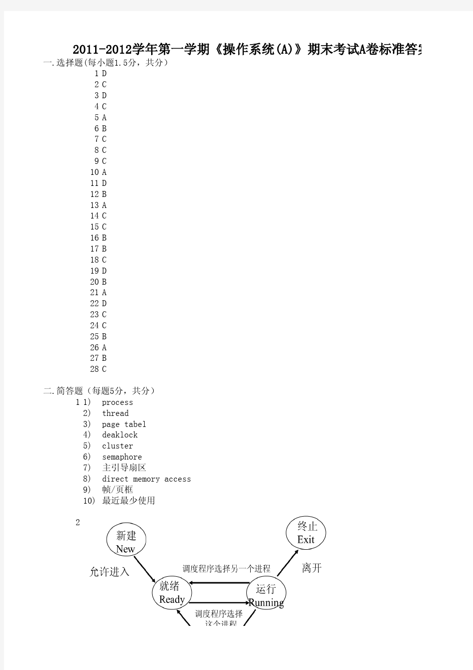 北京理工大学珠海学院《操作系统(A)》期末试卷A标准答案(2011-11-25)-龚友明