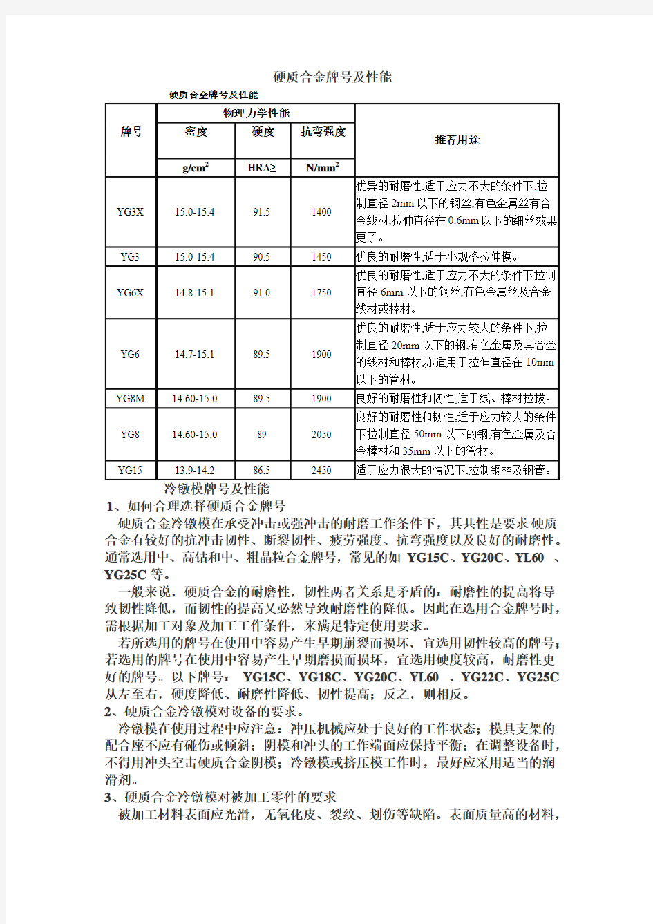 硬质合金牌号及性能