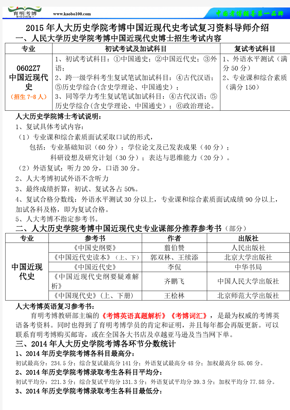 15年人大考博中国近现代史专业考博考试复习资料人大考博英语真题整理报录比报考分析指导考试难度