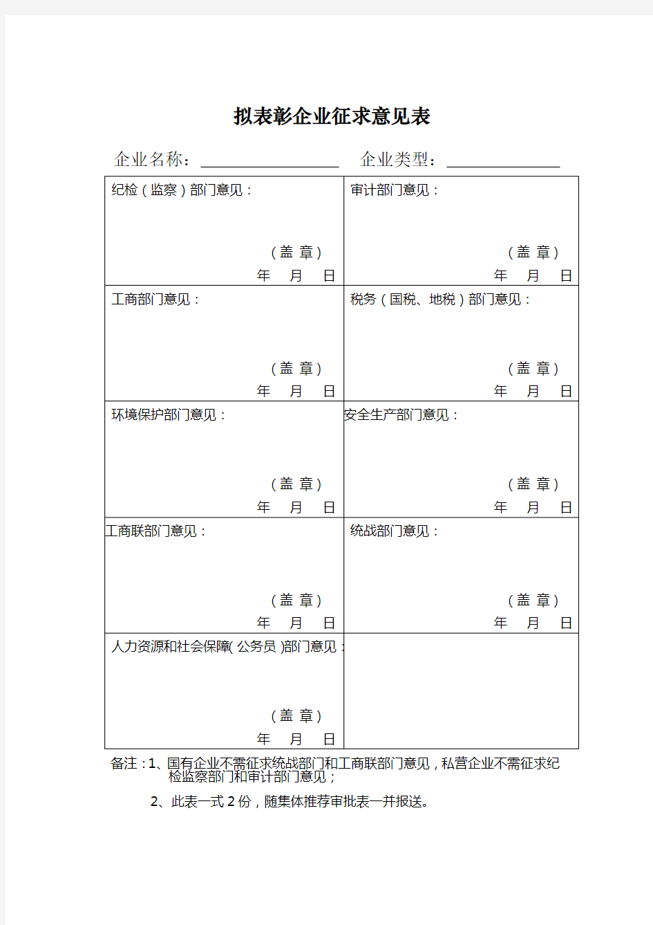 拟表彰企业征求意见表