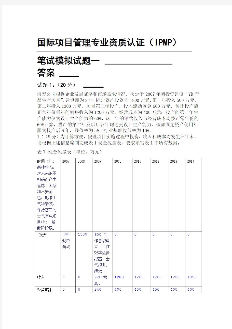 ipmp模拟试题一及答案