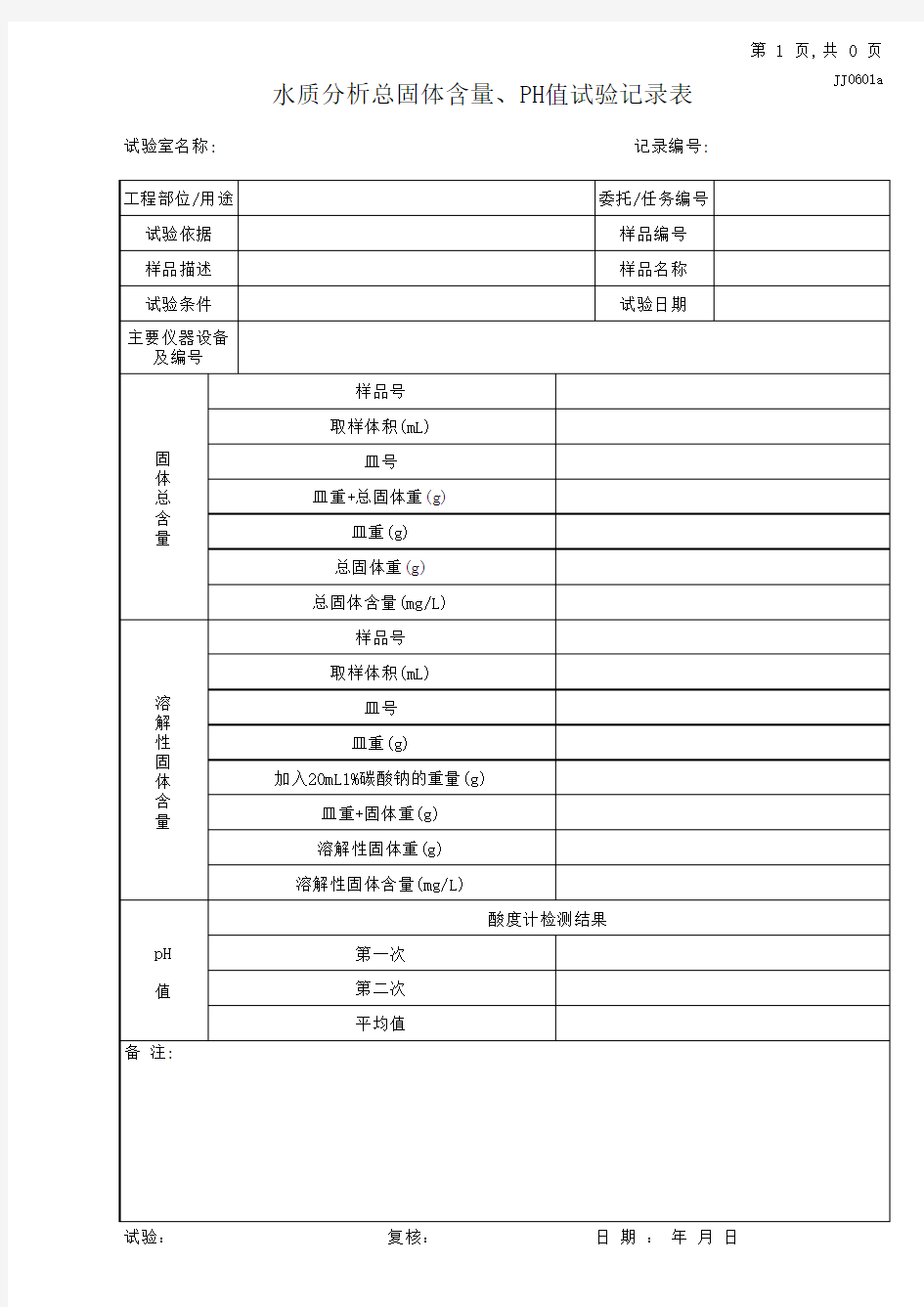 02.水质分析总固体含量、PH值试验记录表