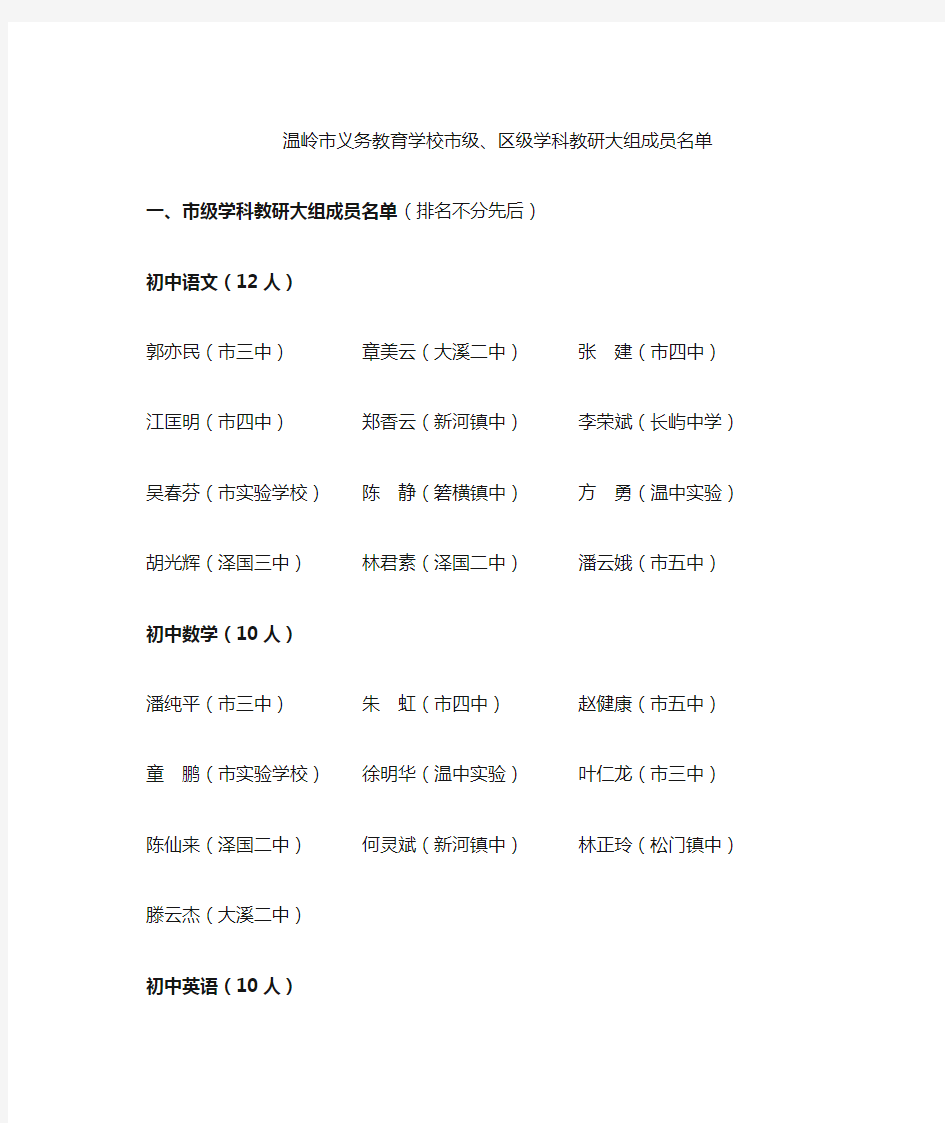 温岭市义务教育学校市级,区级学科教研大组成员名单