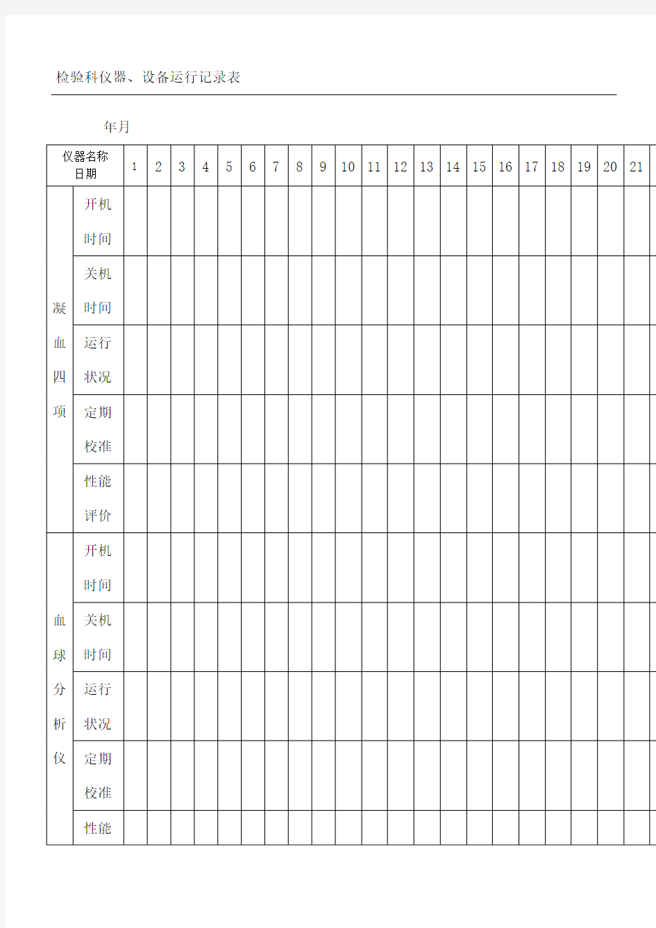 检验科仪器设备运行记录表
