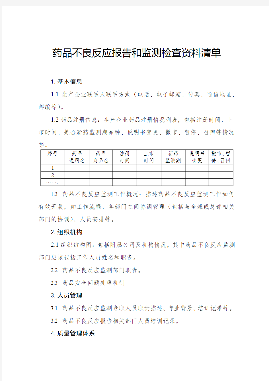 药品不良反应报告和监测检查资料清单